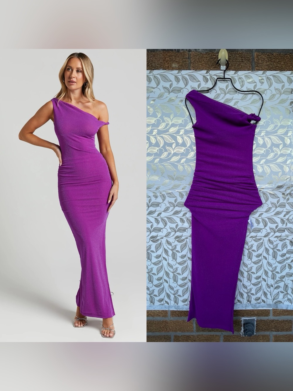 Runaway Bright Purple Shimmer Gown XS One Shoulder Ruched Clubwear Maxi